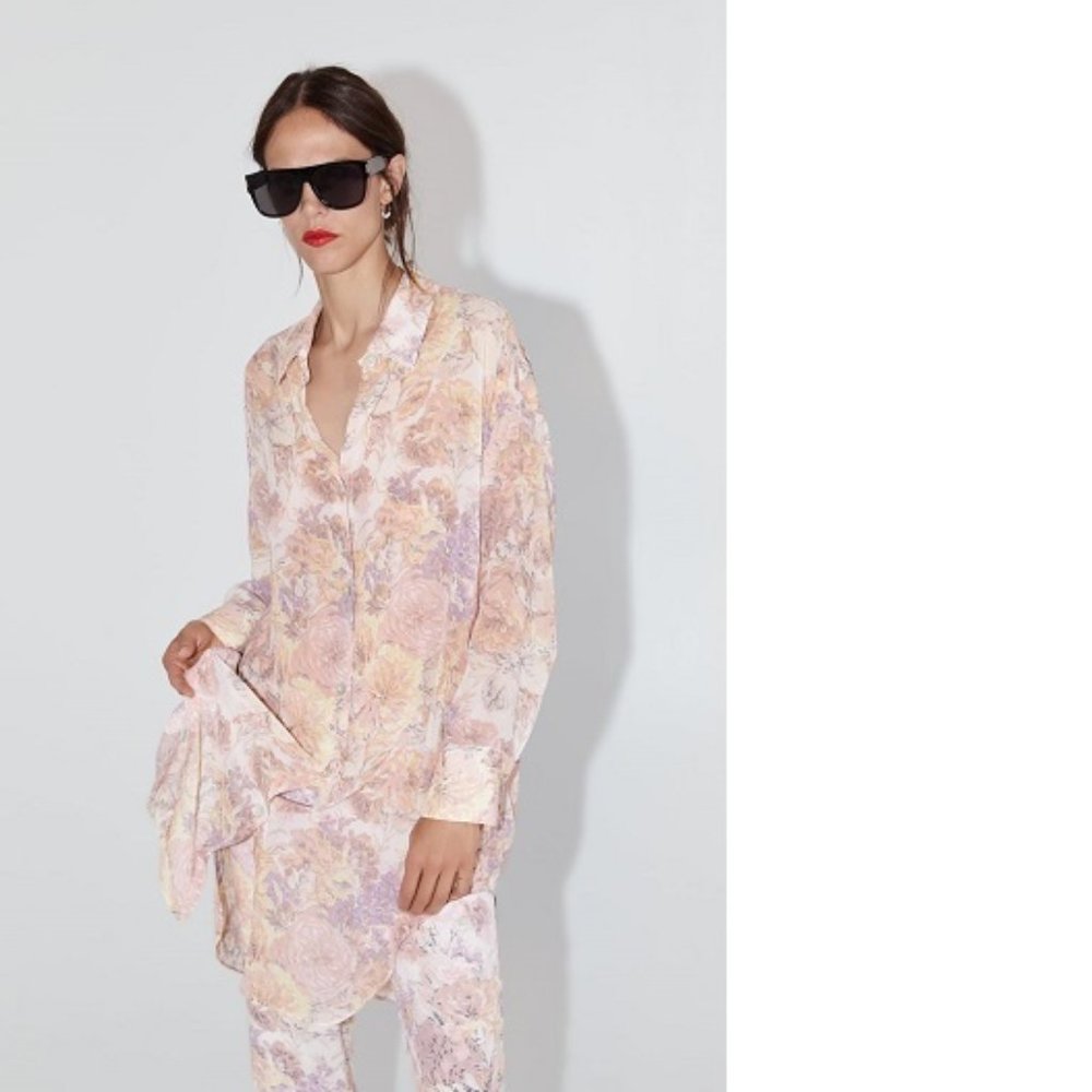 Zara floral pastel printed oversized long shirt, NWT, XS